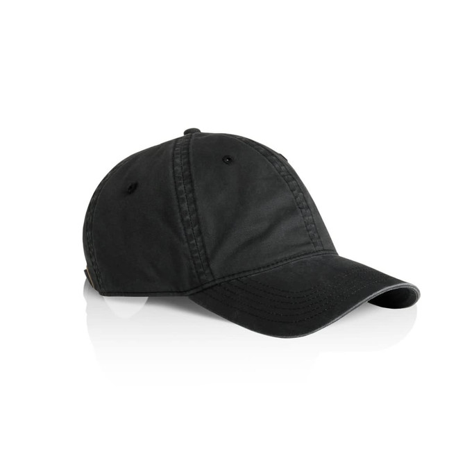 A black faded cap with a curved brim and a logo on the side, displayed at an angle.