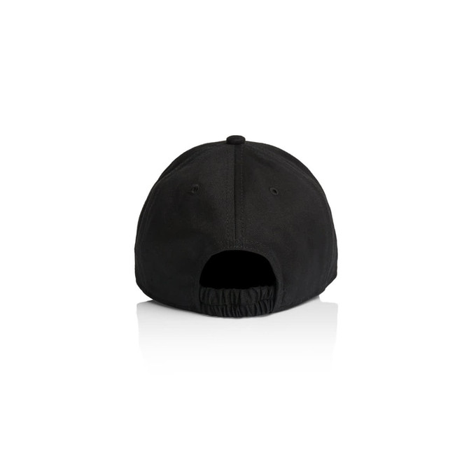 A black kids cap featuring a back opening and an adjustable fit. Includes a logo on the back.