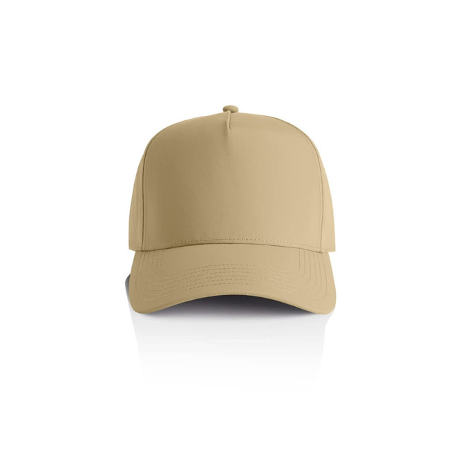 A beige nylon cap with a structured front and a curved brim, featuring a logo on the side.