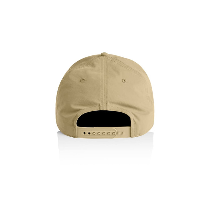A beige nylon cap with an adjustable strap at the back and a logo. The cap has a smooth, matte finish.