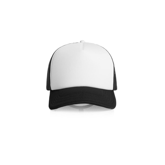 A two-tone trucker cap featuring a white front and black mesh sides, complete with a logo on the front.