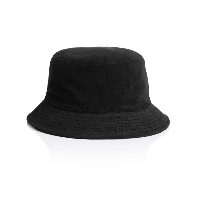 A black Terry Bucket Hat with a wide brim and a soft fabric texture, featuring a logo.