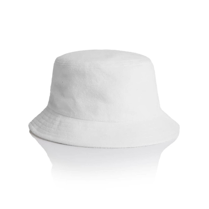 A white Terry bucket hat with a wide brim and a textured finish, featuring a logo.