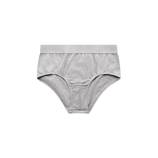 A pair of grey Y-Front Briefs with a soft texture and an elastic waistband. It features a logo on the waistband.