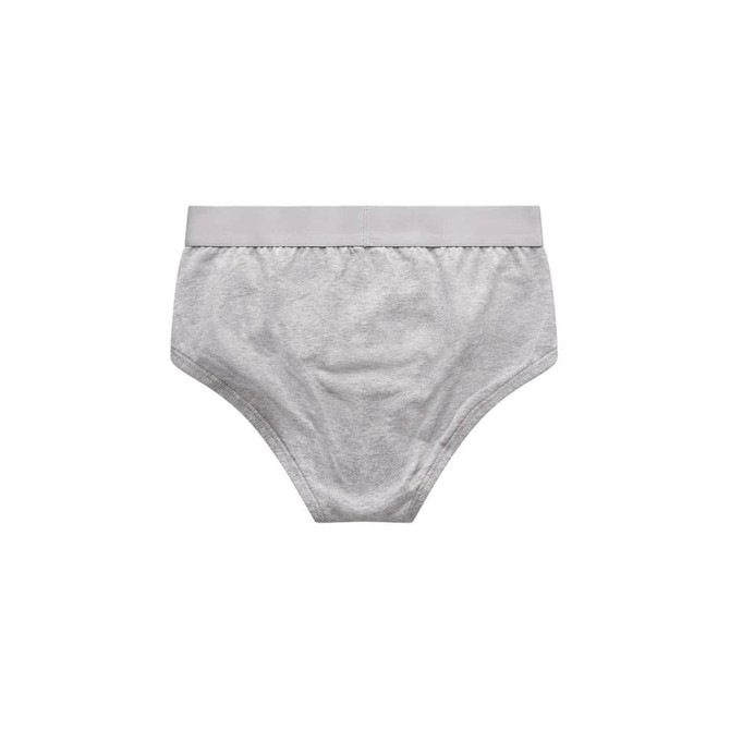A pair of grey Y-Front briefs with a soft elastic waistband, featuring a logo on the waistband.