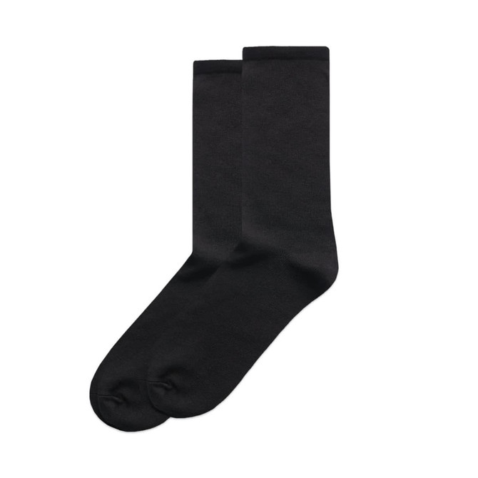 A pair of black business socks, featuring a plain design and a logo on the upper section.