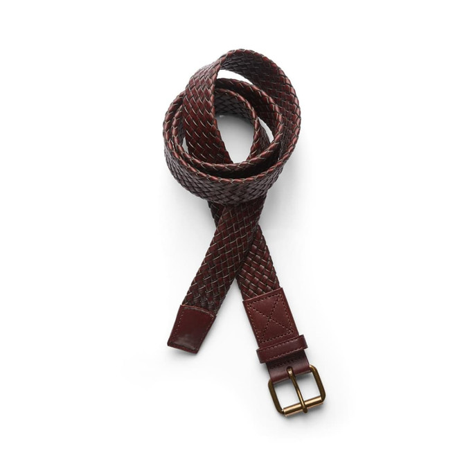 A braided leather belt in dark brown with a brass buckle, featuring a woven design and leather detailing.