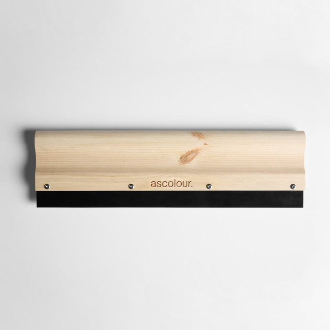 A wooden squeegee with a natural finish and a black rubber blade, featuring a logo.