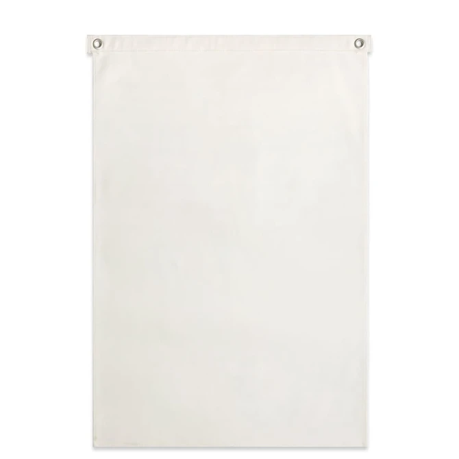 A large white canvas flag featuring eyelets for hanging, ideal for exhibitions and events.