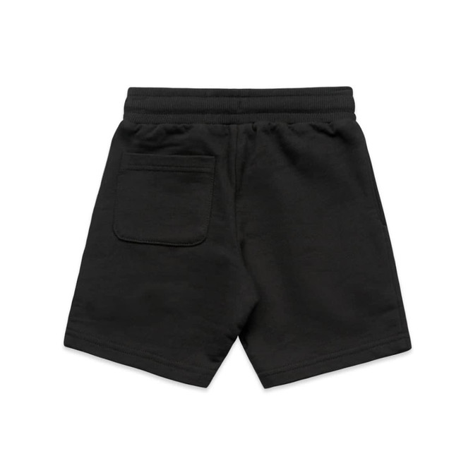 Black kids' stadium shorts featuring a back pocket and an elastic waistband.