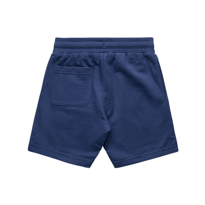 A pair of navy-blue kids’ sports shorts featuring a back pocket and an elastic waistband.