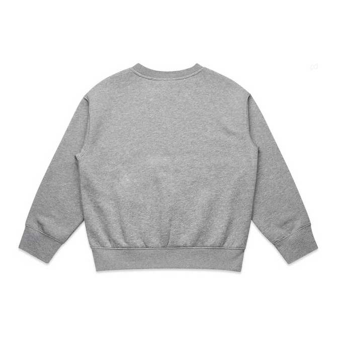 A grey jumper with a crew neck and long sleeves, featuring a fitted waistband and a branding logo.
