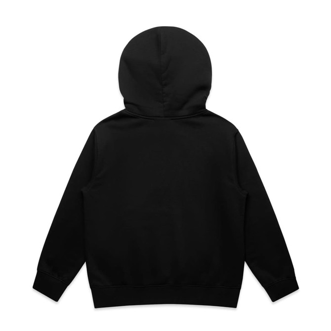 A black hoodie with a hood, featuring long sleeves and a simple, solid design. It has a logo on the back.