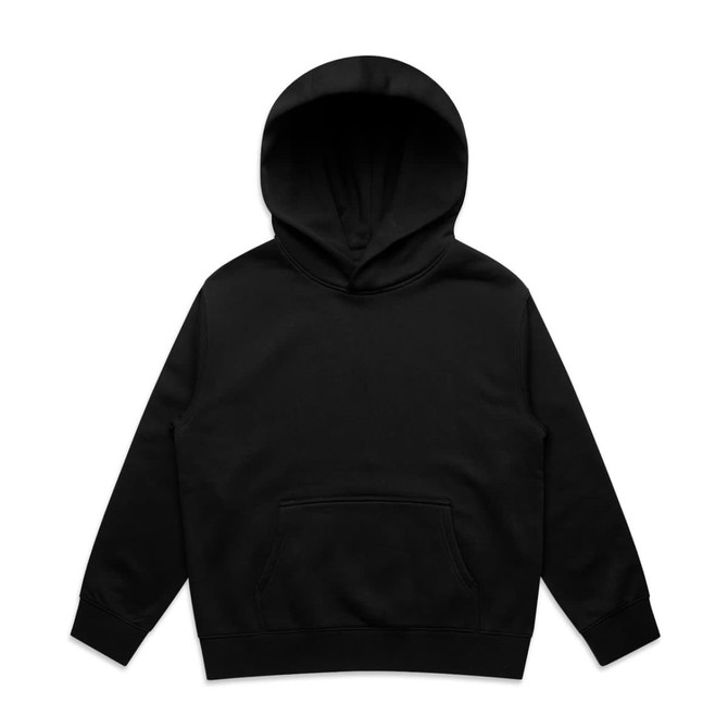 A black youth hoodie featuring a kangaroo pocket and a large hood, with a simple design and no visible branding.