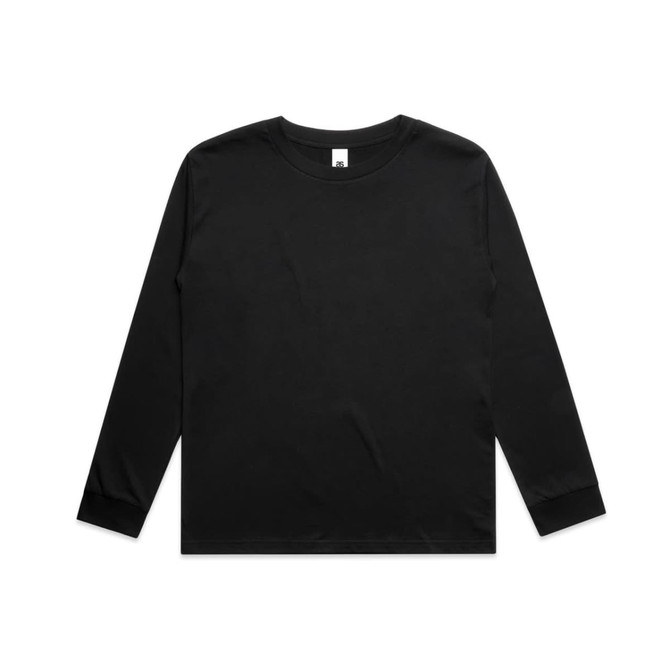 A long-sleeve t-shirt in black, featuring a simple design and a logo on the label. Classic youth style.