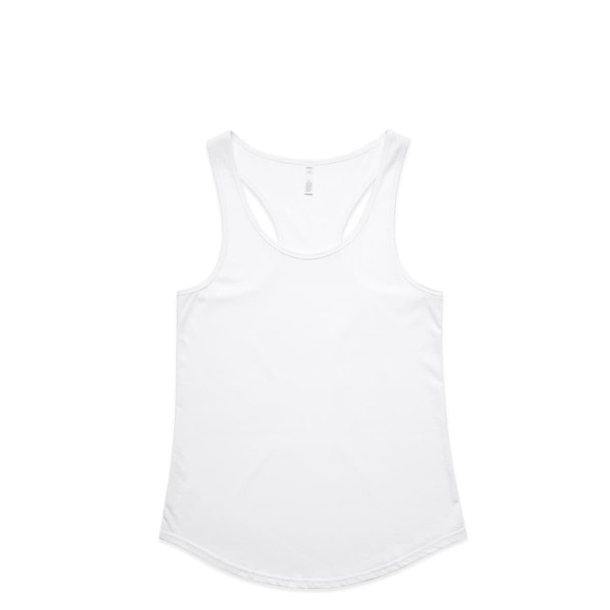 A white racerback singlet with a rounded hem and a logo. Simple and versatile design.