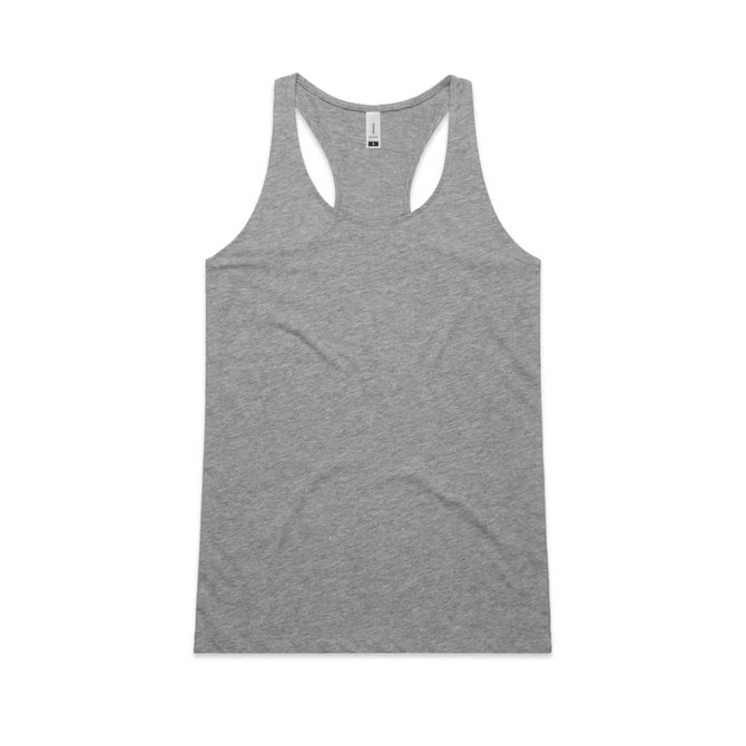 A grey racerback singlet featuring a logo, designed for comfort and style.