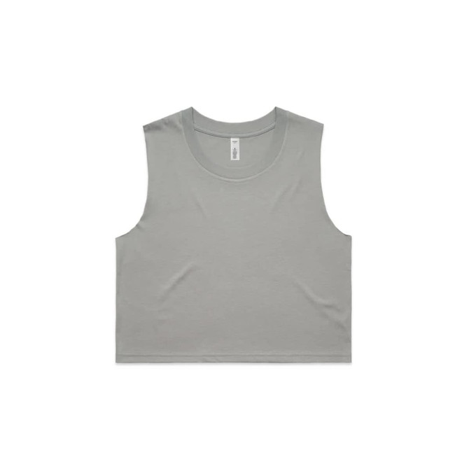 A light grey crop tank top with a round neckline and a branded label.