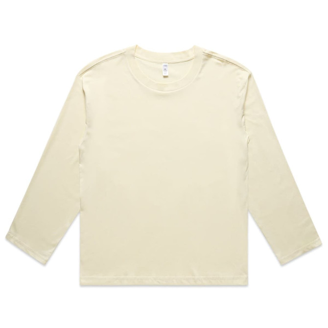 A cream long-sleeve T-shirt featuring a simple design and a branding logo on the garment.
