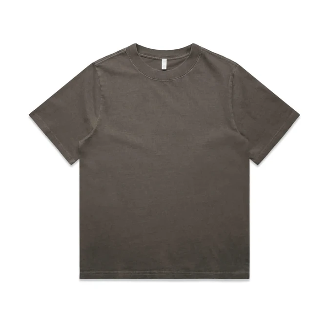A heavy faded T-shirt in a muted brown colour, featuring short sleeves and a crew neckline. It has a logo tag.