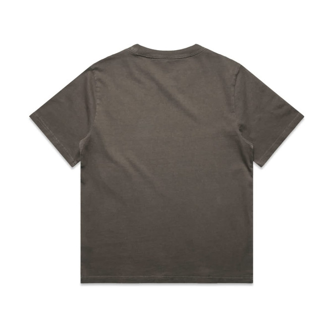 A heavy faded tee in a muted olive colour with a relaxed fit. The back is plain with noticeable wear.