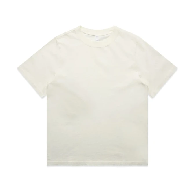 A heavy faded tee in a light cream colour, featuring a simple design and a logo on the label.