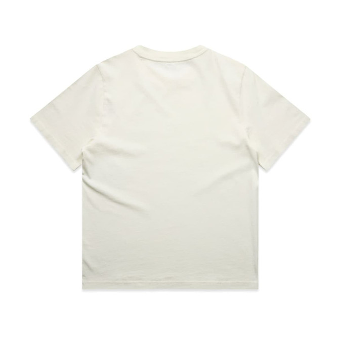 A light cream, heavy faded T-shirt with short sleeves and a plain back design. It features a logo.