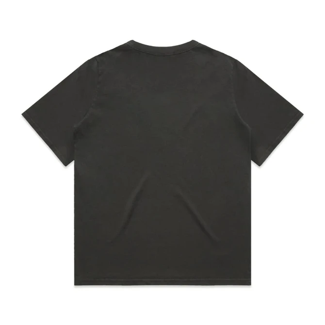 A faded black t-shirt with short sleeves and a casual fit, featuring a logo on the back.