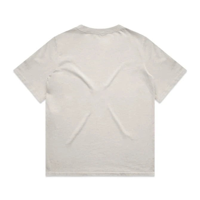 A beige t-shirt with a relaxed fit and a subtle textured appearance on the back. It has a logo.