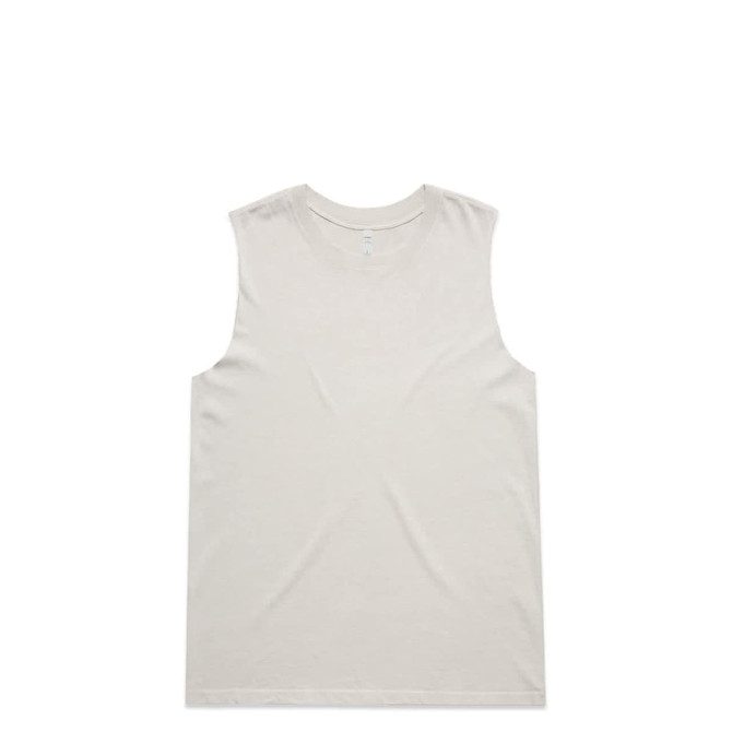 A light beige tank top with a loose fit, featuring a simple design and a logo.