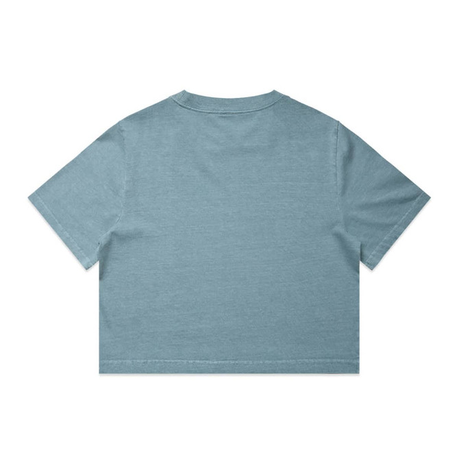 A light blue, cropped t-shirt featuring a plain back and short sleeves, with a logo present.