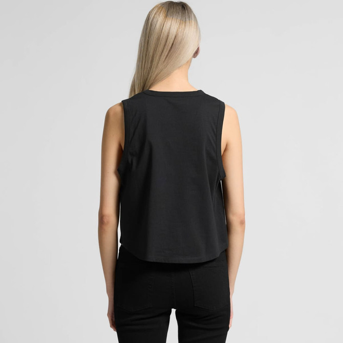 A black crop tank top featuring a crew neckline and a modern fit, displaying a logo on the back.