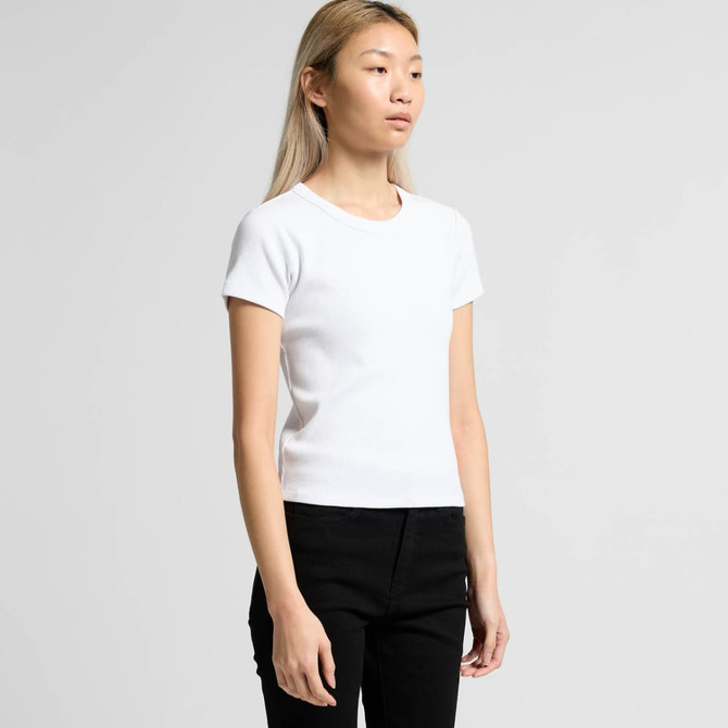 A fitted white ribbed T-shirt with short sleeves, displayed on a model against a plain background.