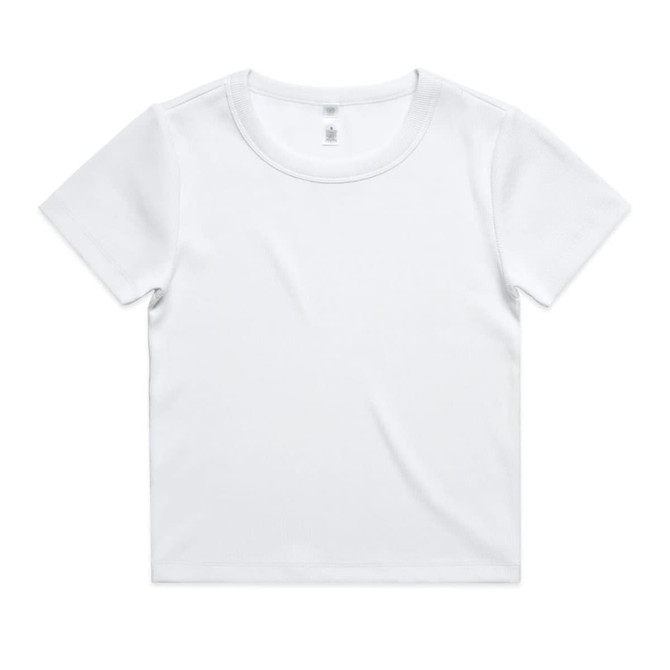 A white organic ribbed T-shirt featuring a round neckline and short sleeves, with a logo label.