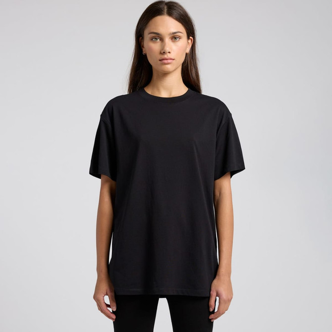 A black oversized t-shirt featuring short sleeves, designed for a relaxed fit. It has a logo at the neckline.