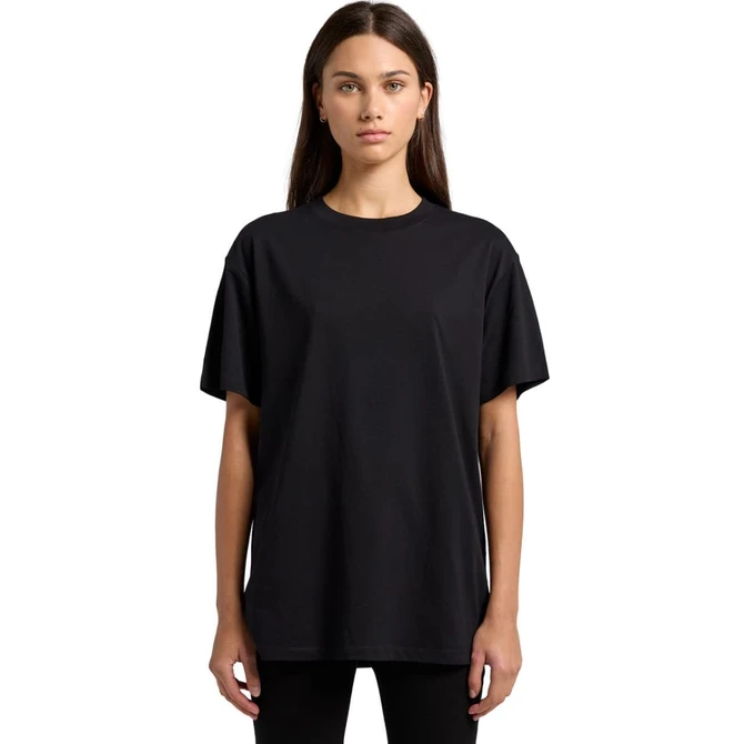 A black oversized t-shirt with short sleeves, featuring a logo on the front. Suitable for casual wear.