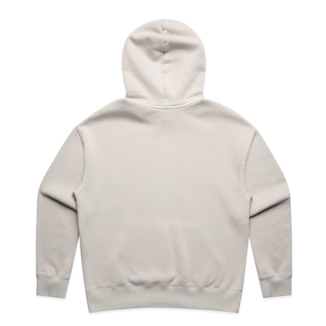 A faded cream hoodie with a drawstring hood and long sleeves, featuring a branding logo.