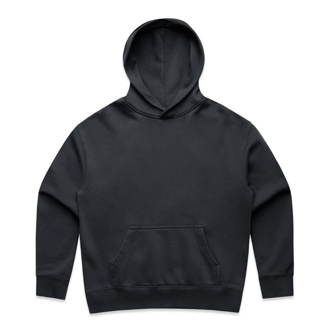 A black hoodie featuring a front pouch pocket and a large hood. It has a logo on the design.