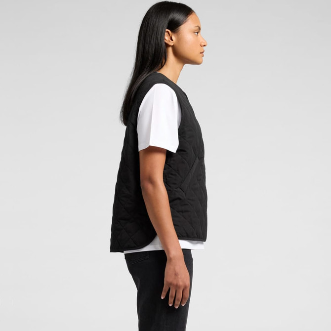 A black quilted vest is displayed on a model, featuring a simple design and sleeveless style.