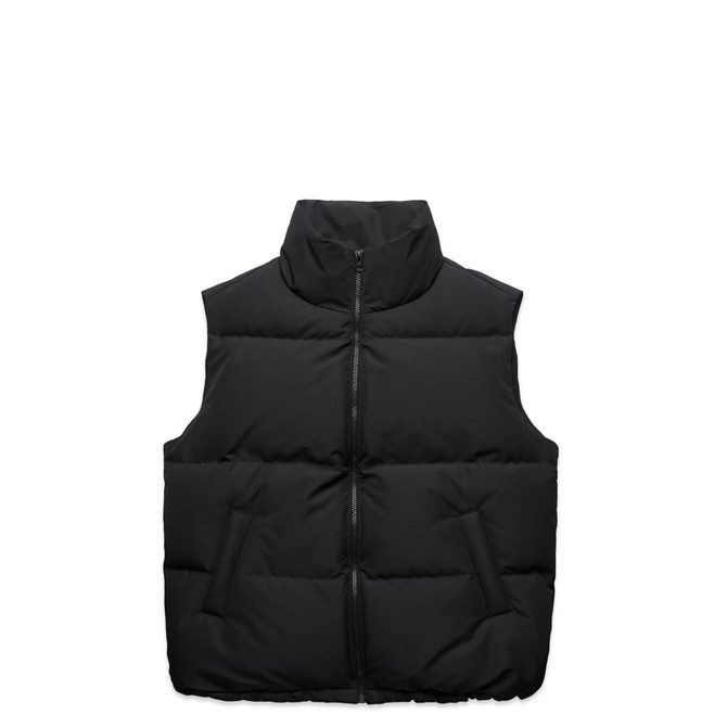 A black puffer vest featuring a high collar and two front pockets, with a zip closure and branding.