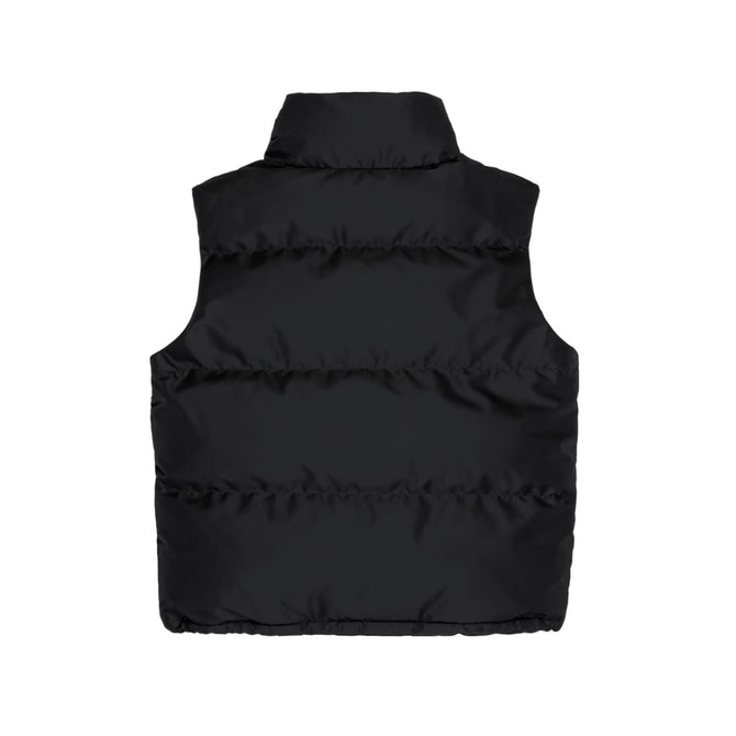 A black puffer vest with a high collar, featuring a quilted design and an unseen logo on the back.