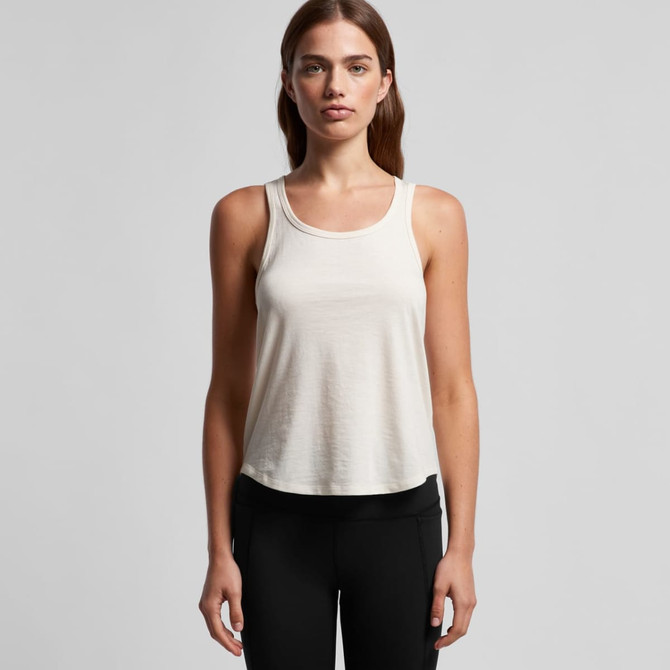 A light cream racerback singlet featuring a relaxed fit, with a logo on the front.