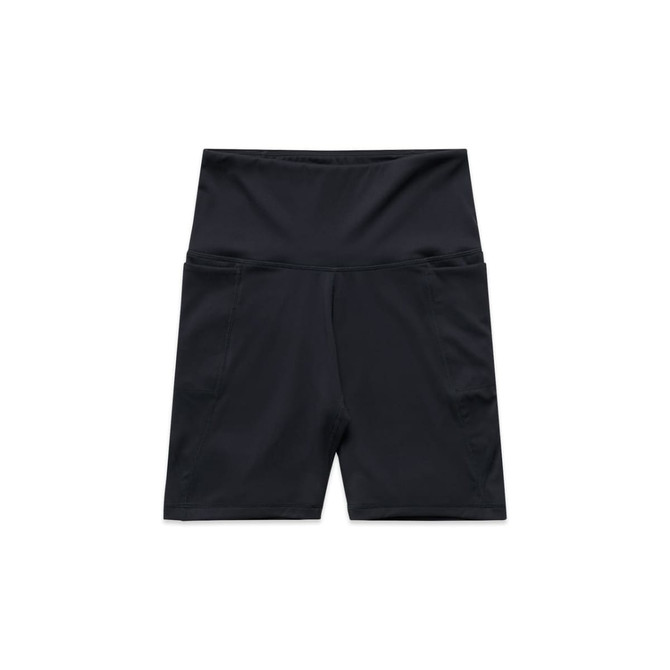 Black active bike shorts featuring a high waistband and pockets, with a logo present on the garment.