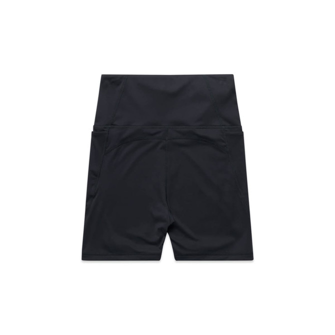 Black active bike shorts with a high waistband and two back pockets. Features a logo.