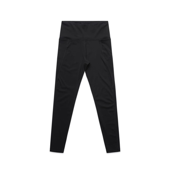 Black active leggings with a high waistband, featuring a sleek design and a logo.