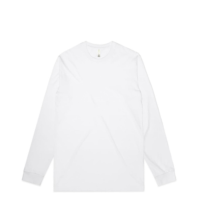 A white long-sleeve tee with a round neckline and a small logo.