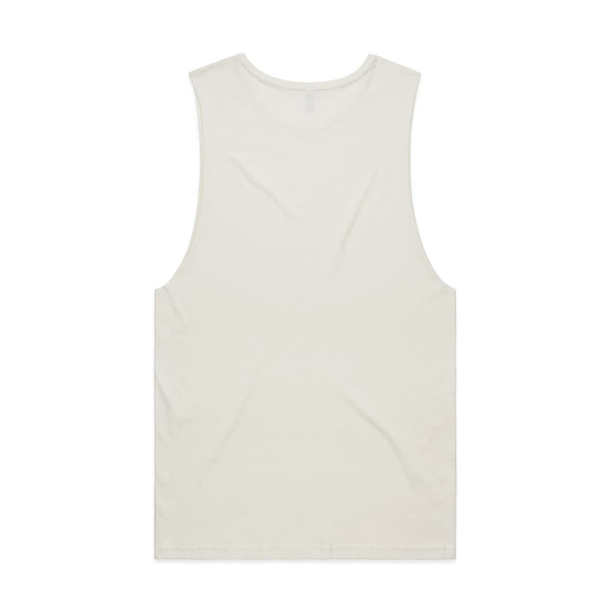 A plain, cream-coloured organic tank top with a relaxed fit and no sleeves, featuring a logo.