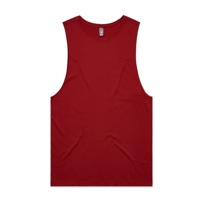 A red singlet tank top with a round neckline and no sleeves, featuring a logo on the label.