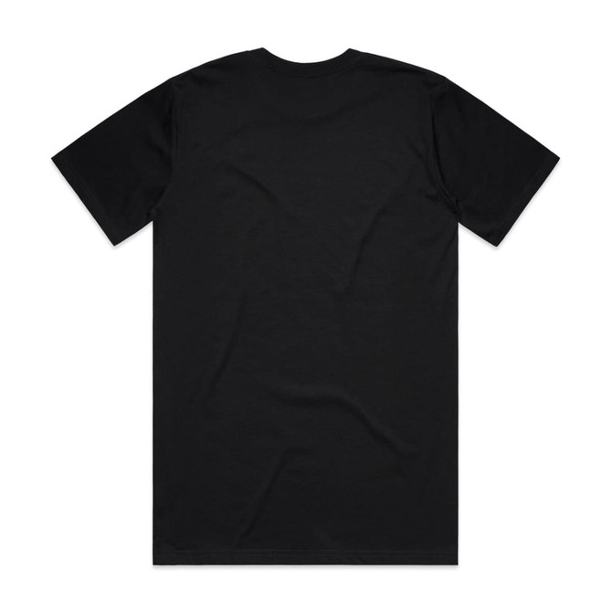 A black organic t-shirt featuring a plain design and a logo on the back.