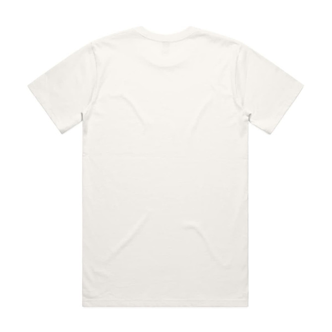 A plain white organic t-shirt featuring a simple back design and short sleeves. It has a branding logo.